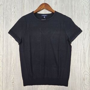 Lands End Sweater Women's S/P Black Short Sleeve‎ Lace Trim Slinky Knit Pullover